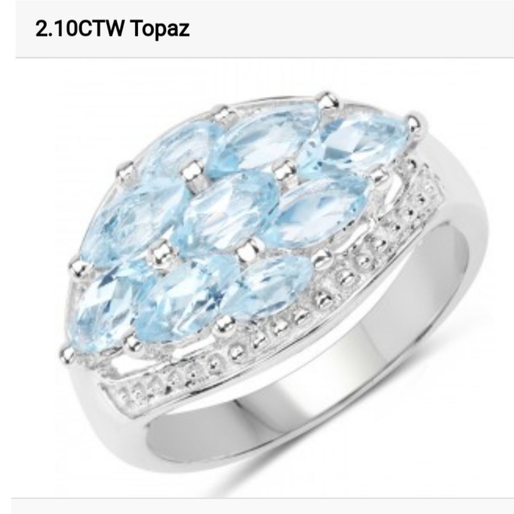 2.10 CTW Blue Topaz Ring with White Gold Rhodium Over Sterling Silver, size 7